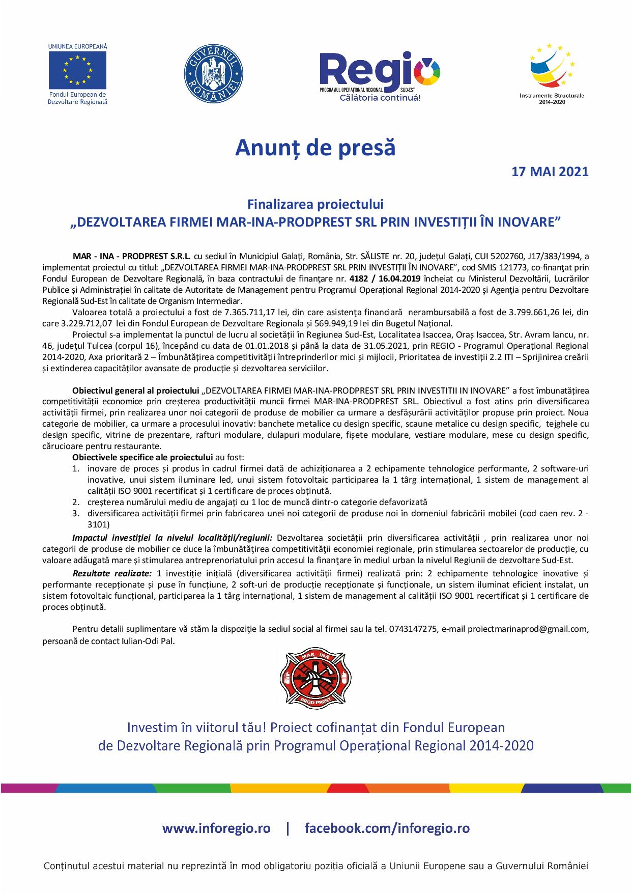 Finalizarea proiectului „DEZVOLTAREA FIRMEI MAR-INA-PRODPREST SRL PRIN INVESTIȚII ÎN INOVARE”