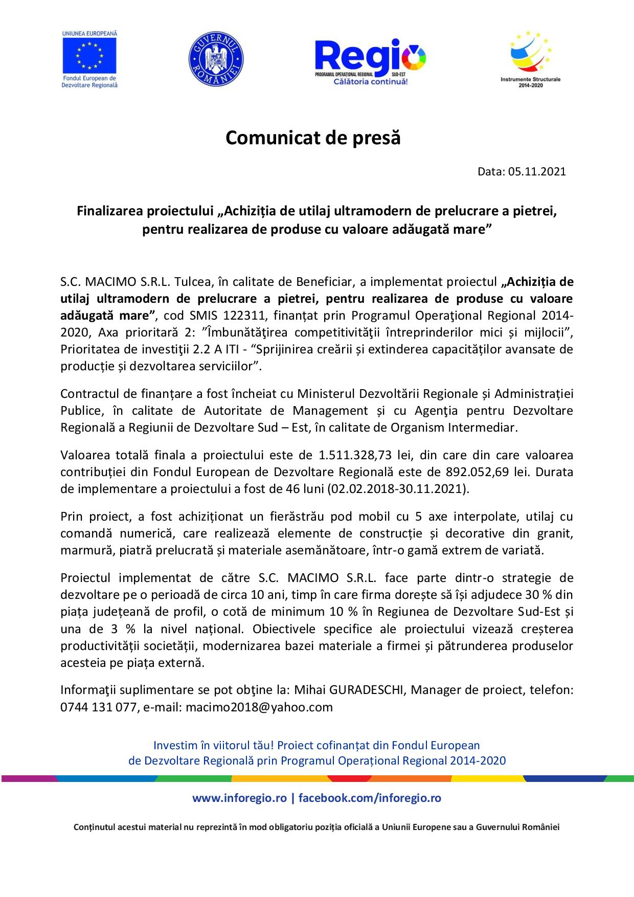 Finalizarea proiectului „Achiziția de utilaj ultramodern de prelucrare a pietrei, pentru realizarea de produse cu valoare adăugată mare”