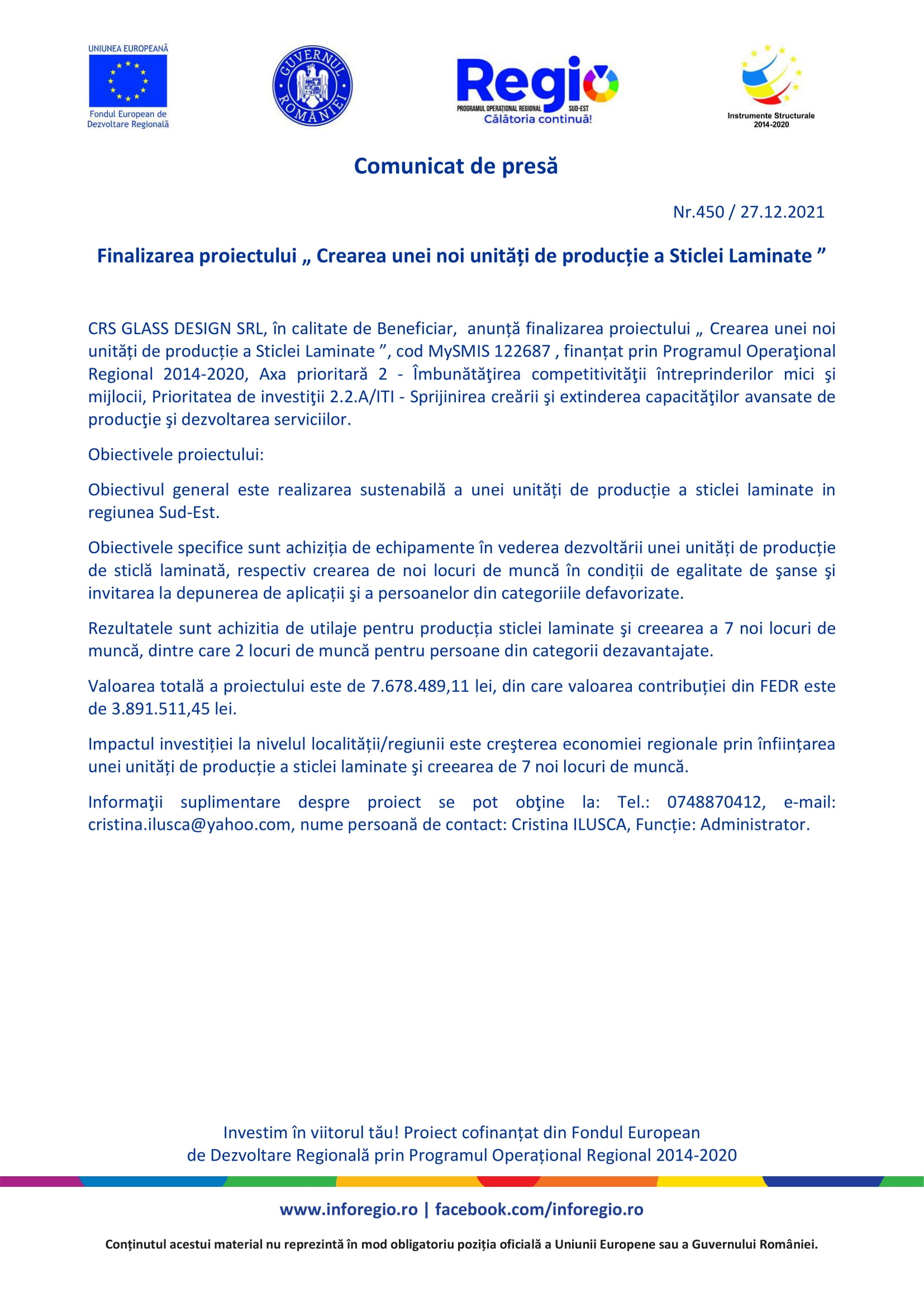 Finalizarea proiectului „ Crearea unei noi unități de producție a Sticlei Laminate ”