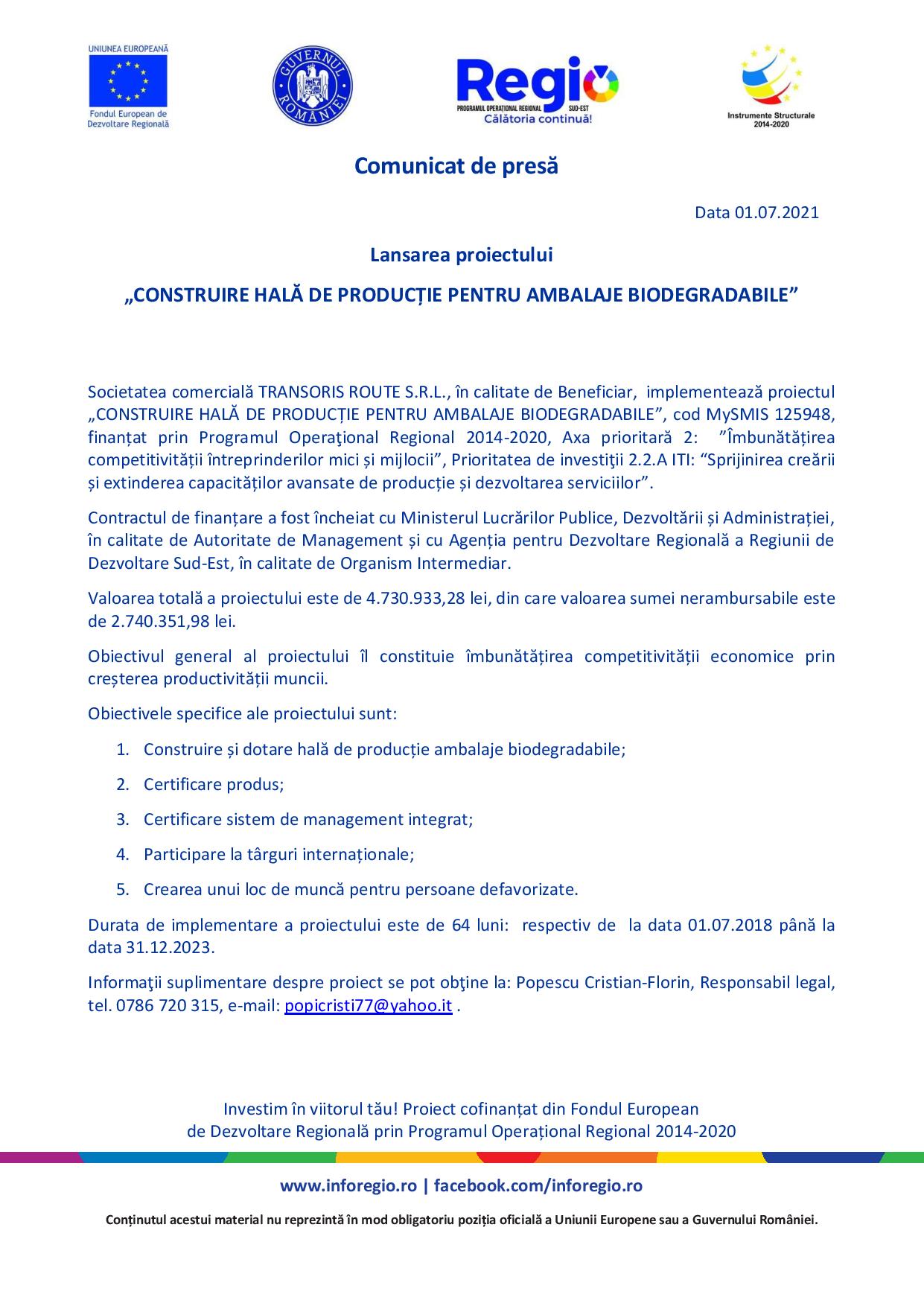 Lansarea proiectului „ Construire hală de producție pentru ambalaje biodegradabile ”