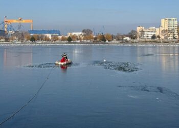 Un rățoi și rața lui, prinși între sloiuri pe Ciuperca, salvați de pompieri